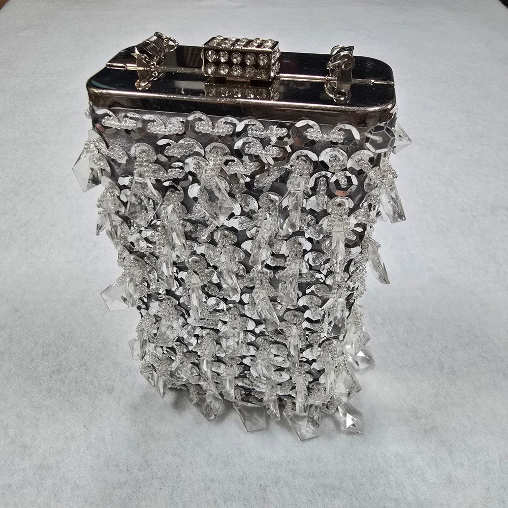Silver Sequin Crystal Embellished Box Clutch Crossbody Bag Chain Strap Handbag - Picture 3 of 16